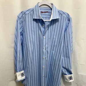 Robert Graham Flip Cuff Shirt, Size M, Blue check and stripes